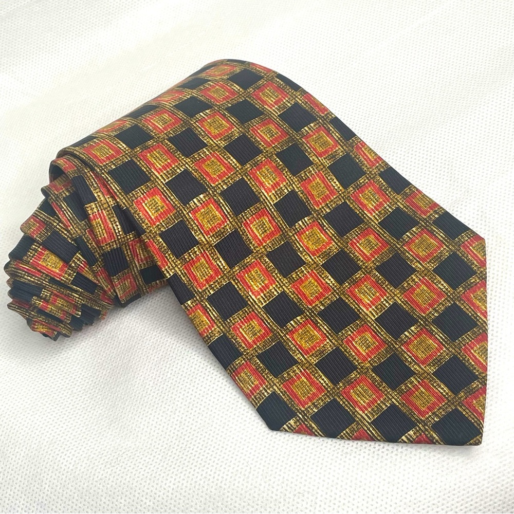 VTG Burberry London Silk Neck Tie Black Gold Checkered Geometric Hand Sewn USA